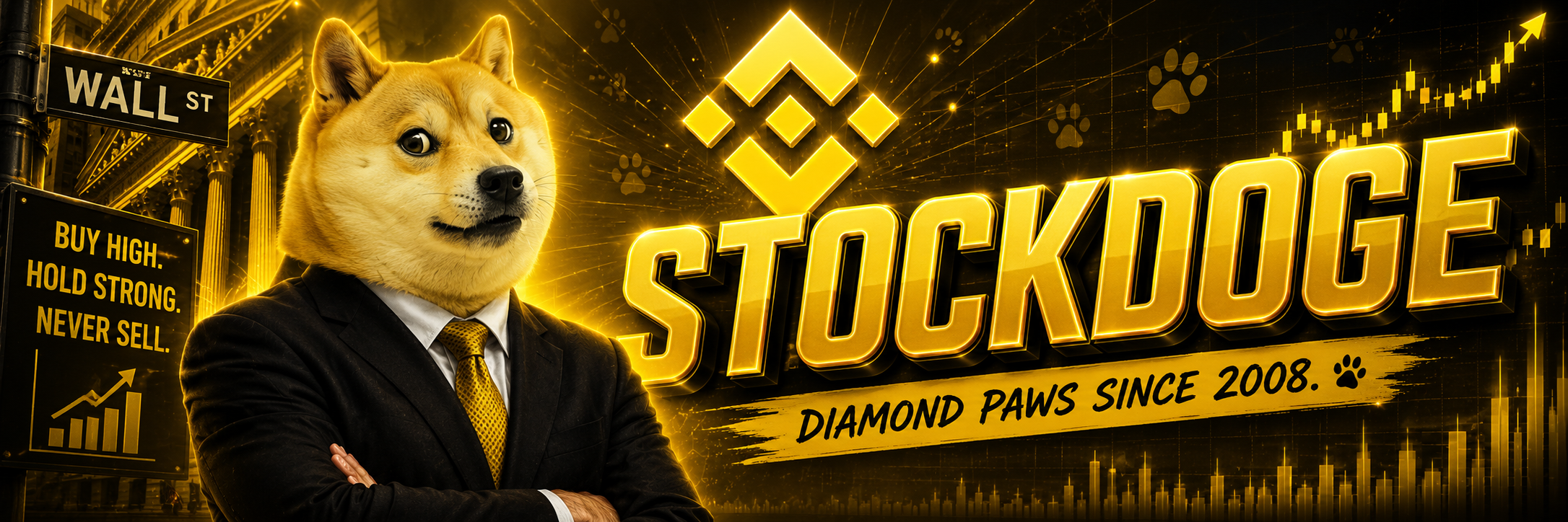 Stock Doge banner — Diamond paws since 2008, suited Doge on Wall Street